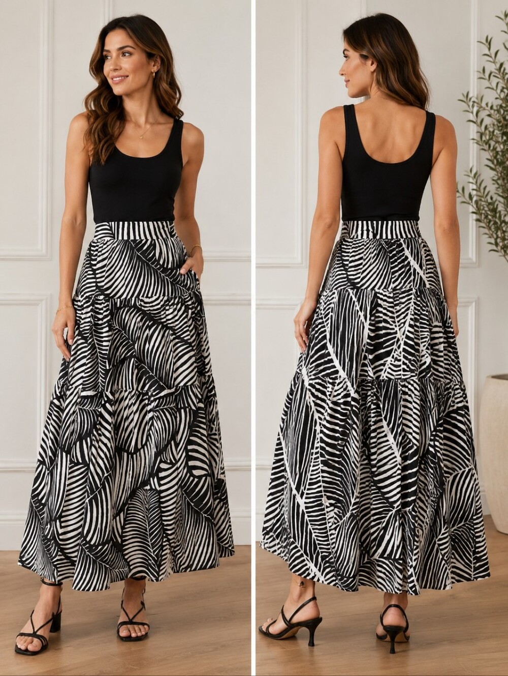 Loft Black and White Leaf Print Maxi Skirt